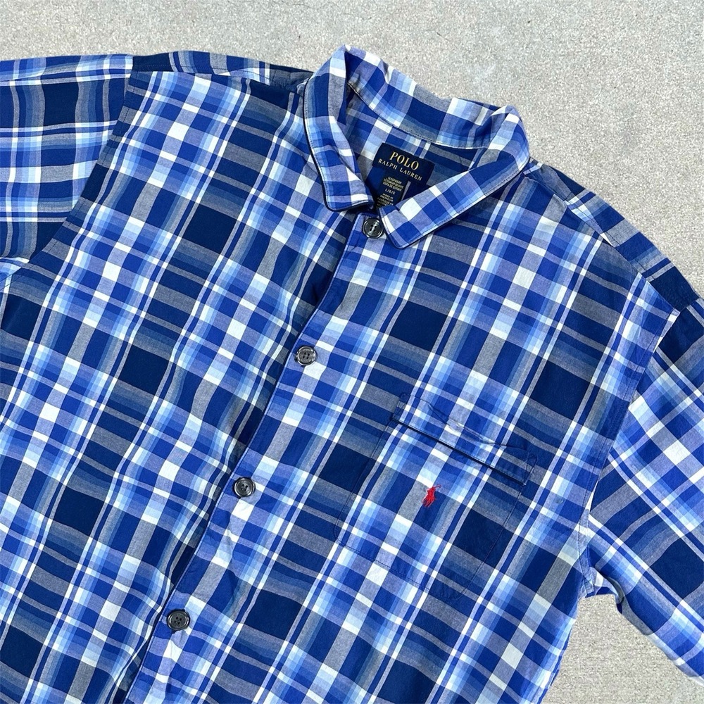 Polo Ralph Lauren Men's Size Large‎ Pajama Shirt Pony Logo Sleepwear Blue Plaid